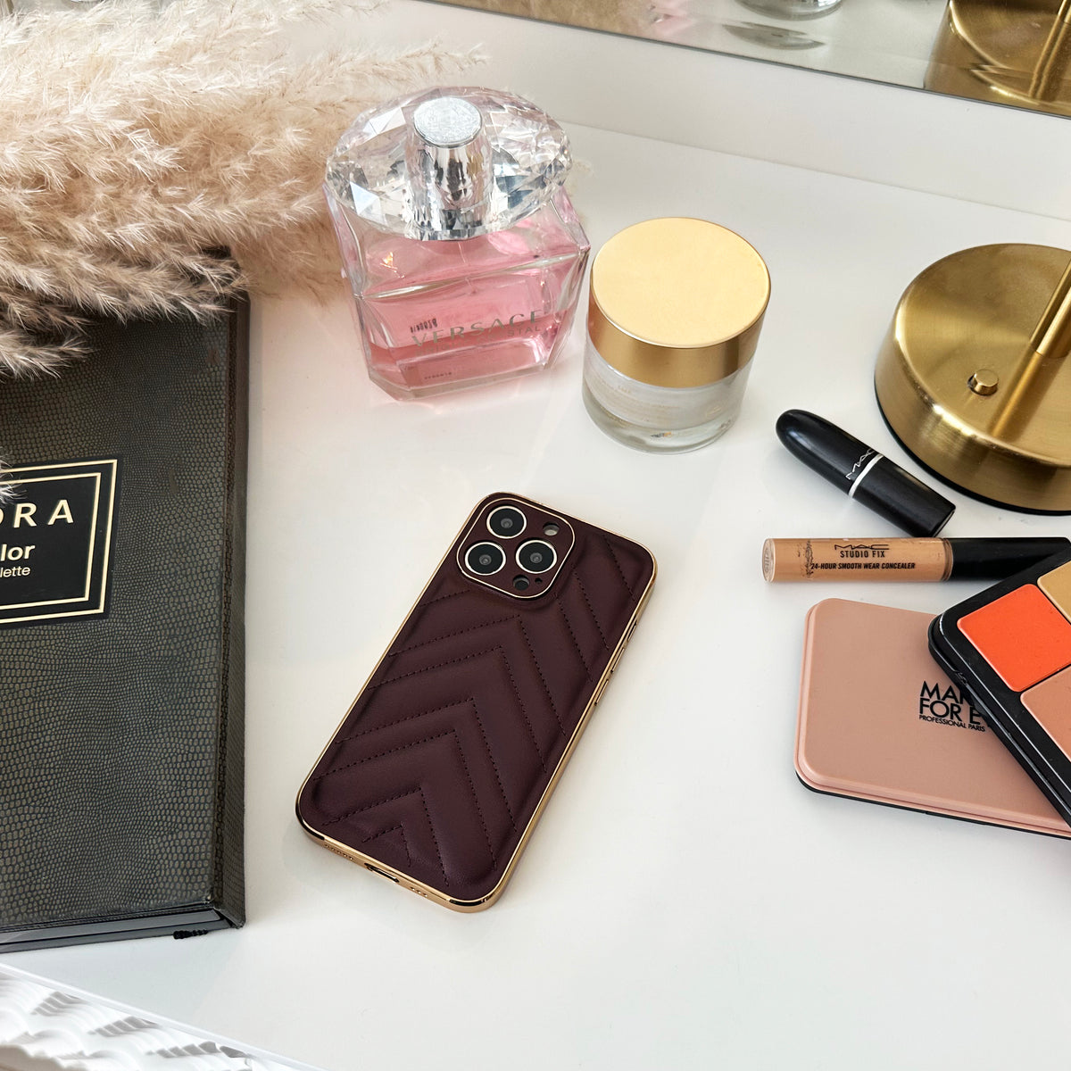 Burgundy Quilted Leather Case with Gold Detail