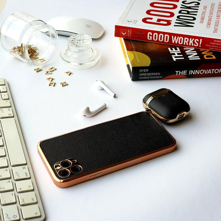 Black Leather iPhone Case with Gold Detail