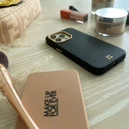 Black Leather Magnetic Case with Gold Detail – Cazset Black Leather Magnetic Case with Gold Detail – Cazset