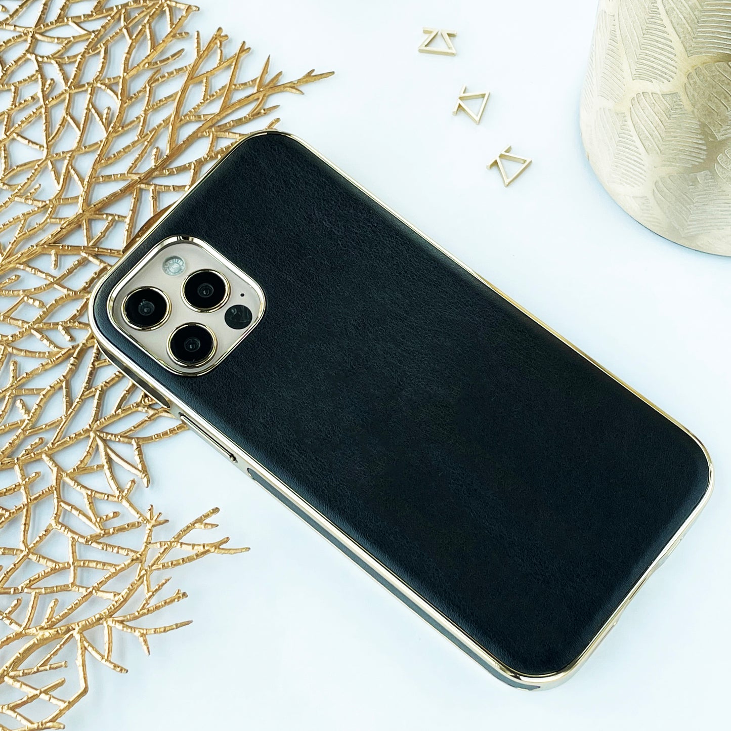 Black Leather iPhone Case with Gold
