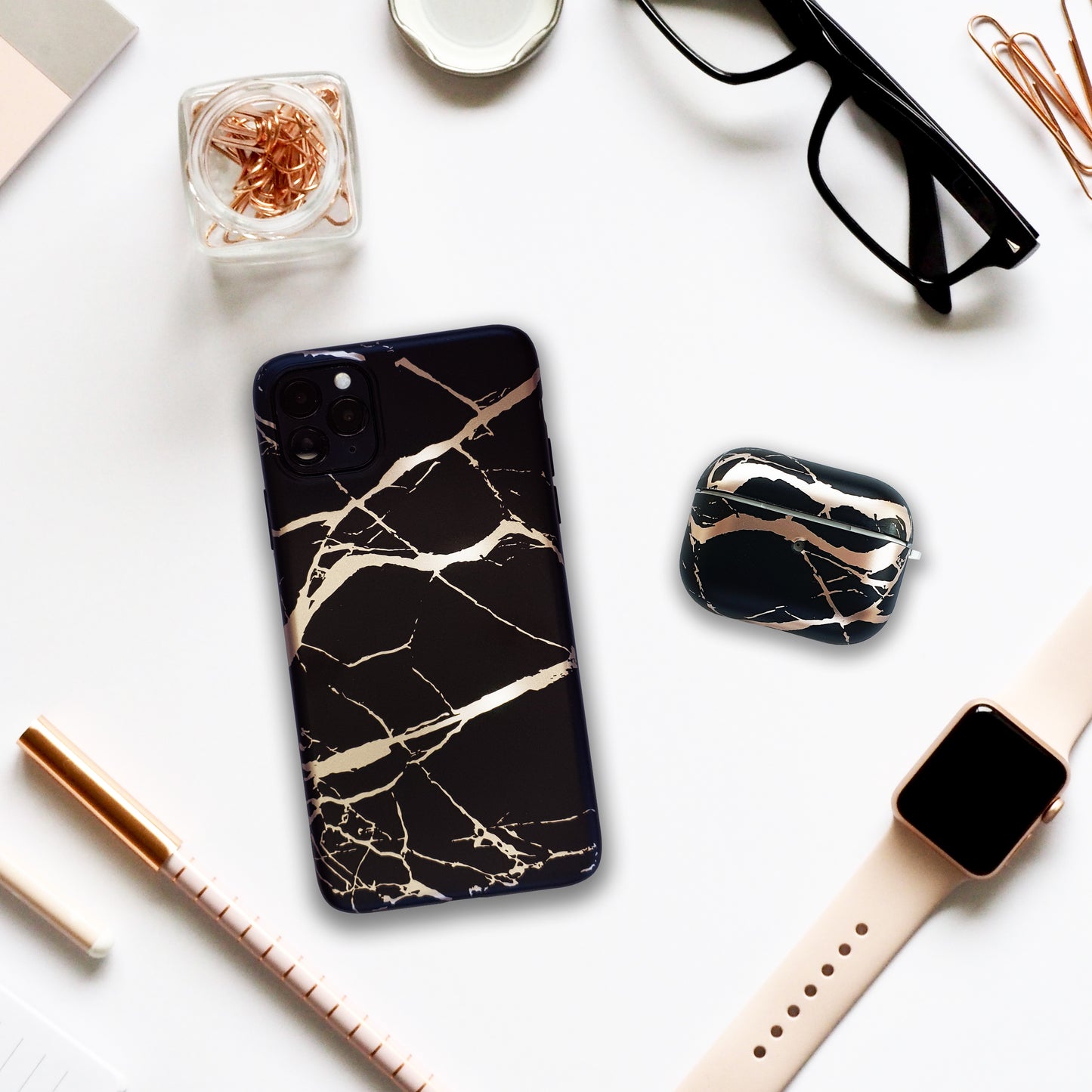 Black and Rose Gold Silicon iPhone Case with AirPods