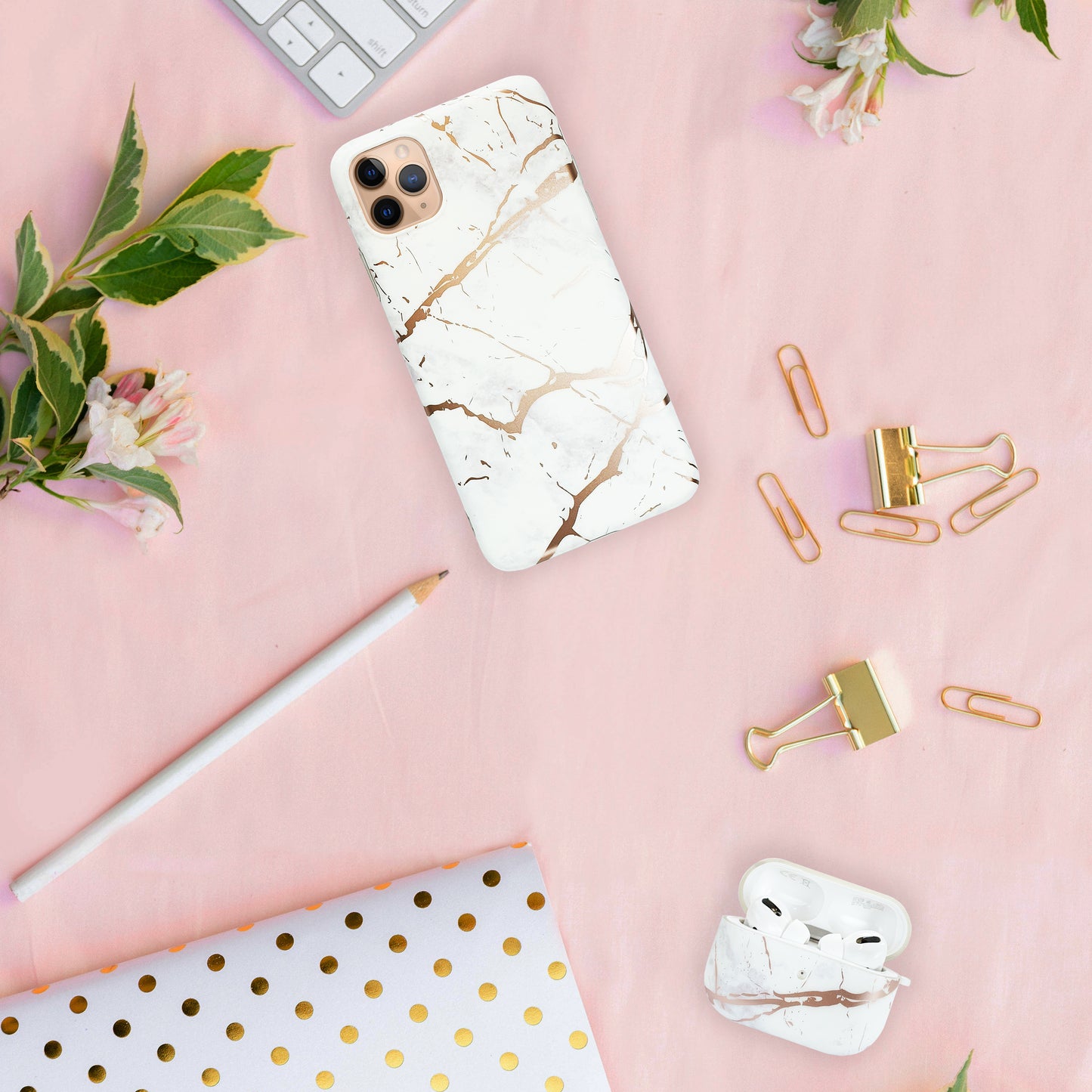 White and Rose Gold Silicon iPhone Case with AirPods Pro